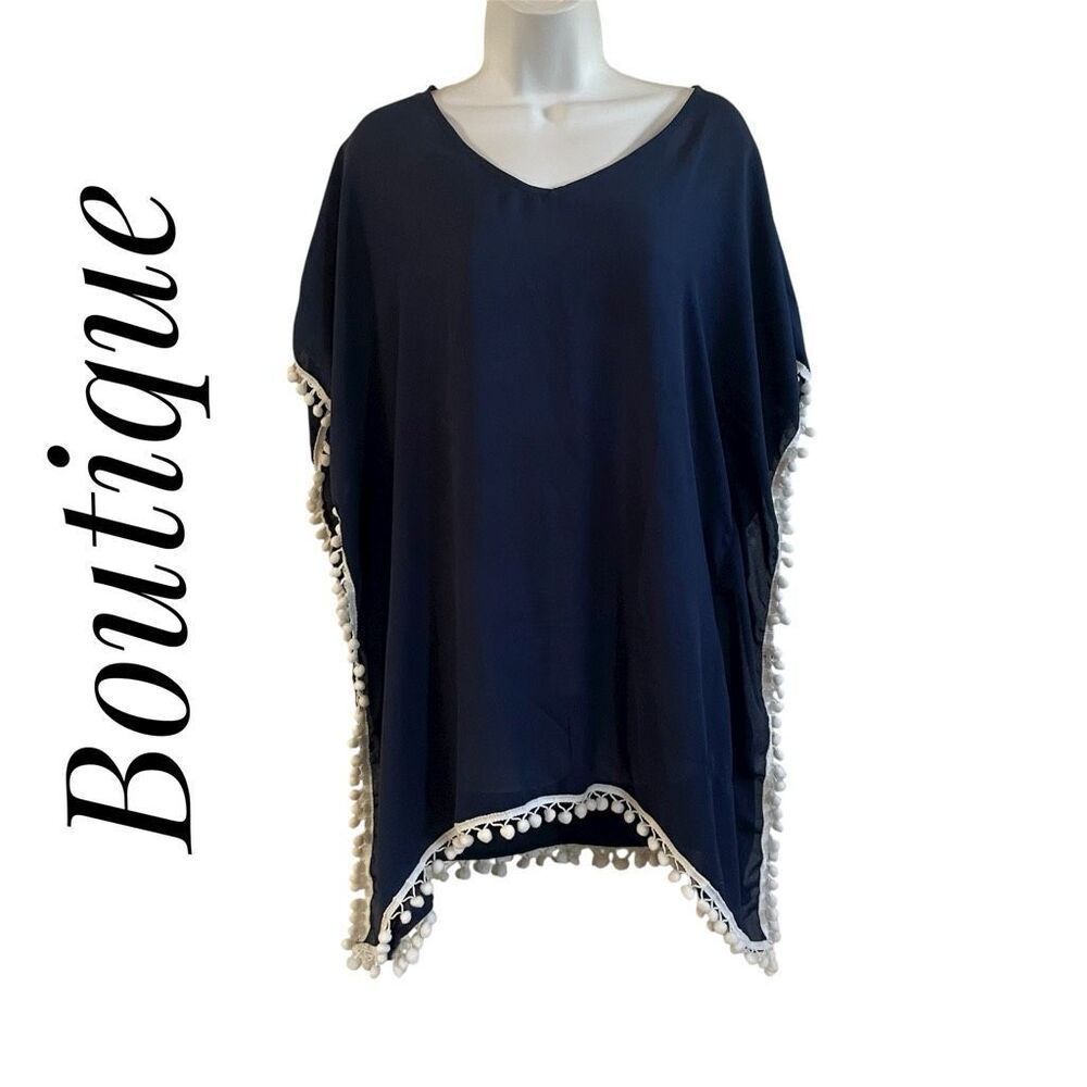 Boutique Small Bikini Cover Up Poncho Blouse Navy Blue White